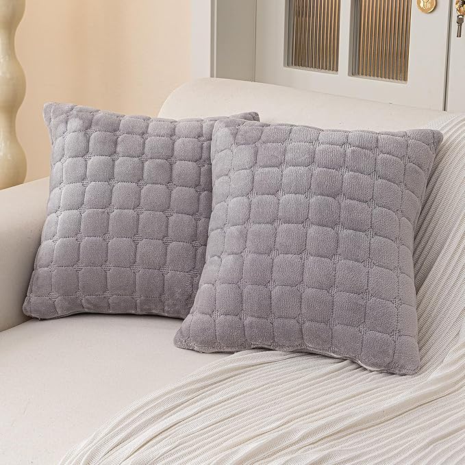 Velvet Throw Pillow Covers(Pack of Two, Light Grey) 22×22 Inch Decorative Pillows Cover Neutral Soft Chenille Couch Pillows with Zipper Aesthetic for Living Room and Bedroom