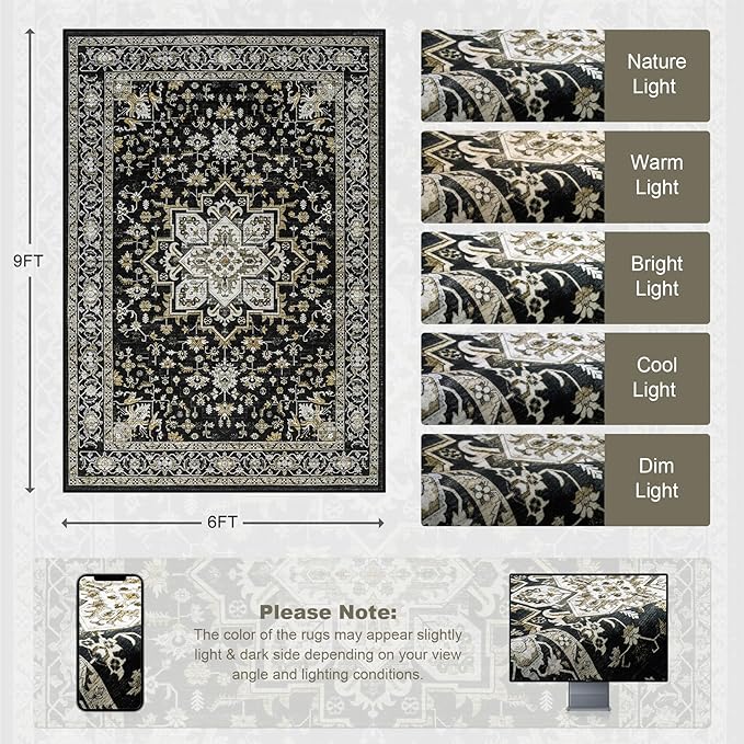 6x9 Area Rugs Living Room Rug: Washable Vintage Boho Medallion Rug No Slip Stain Resistant Soft Carpet Indoor Large Carpets for Bedroom Dining Room Farmhouse Nursery Hallway Home Office Black Gold