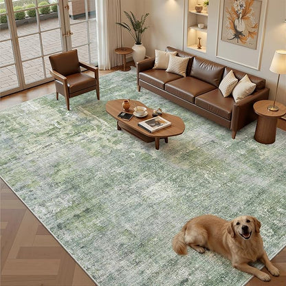 Area Rug 10x12 Vintage Washable Living Room Large Carpet Non Slip Bedroom Indoor Office Dining Room Low Pile Thin Rug Green/Ivory