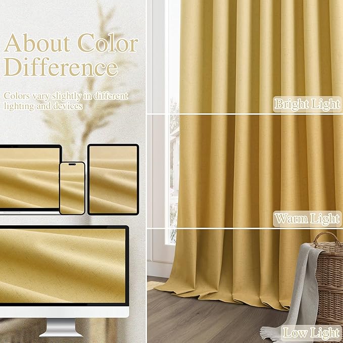 Guken 100% Blackout Curtains 63 Inch Length 2 Panels Set for Living Room Bedroom Back Tab Thermal Insulated Black Out Linen Drapes Room Darkening Window Curtains 63 Inches Long,Gold