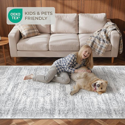 3x12 Runner Rug for Hallway, Non-Slip Long Bathroom Rugs Runner for Kitchen, Bedroom, Soft Vintage Abstract Washable Rug for Entryway, Thin Floor Mat for Dining Room(3'x12', Grey/Ivory)