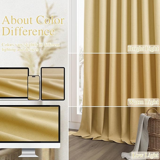 Guken 100% Blackout Curtains 72 Inch Length 2 Panels Set for Living Room Bedroom Back Tab Thermal Insulated Black Out Linen Drapes Room Darkening Window Curtains 72 Inches Long,Gold Yellow