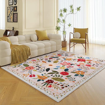 Rugcomf Living Room Rug 5x7 Rug Machine Washable Boho Area Rug Non Slip Floral Vintage Low Pile Large Rugs for Living Room, Bedroom, Farmhouse, Dining Room, Kids Playroom(Beige)