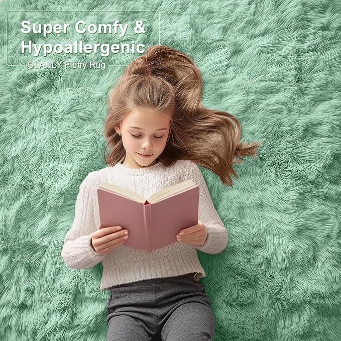 OLANLY 6x9 Machine Washable Large Area Rugs for Living Room, Bedroom, Soft Fluffy Shaggy Bedside Rug, Indoor Floor Carpet for Kids Girls and Boys, Dorms, Nursery, Home Decor Aesthetic, Mint Green