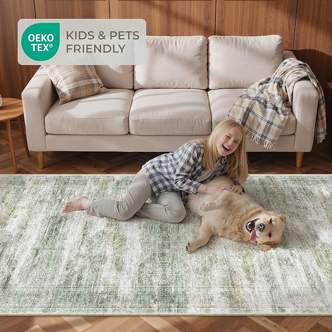 Rug Runners for Hallways Non Slip - 2x8 Runner Rug for Bedroom, Washable Runner with Rubber Backing, Soft Low-Pile Carpet for Kitchen, Laundry, Bathroom (2'x8', Green/Yellow/Ivory)