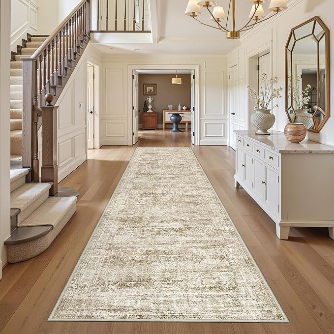 3x10 Runner Rug Non Slip Washable for Entryway, Vintage Hallway Runner for Front Porch, Laundry Room, Bedroom, Abstract Stain Resistant Thin Indoor Kitchen Mats for Floor(3'x10', Brown/Ivory)