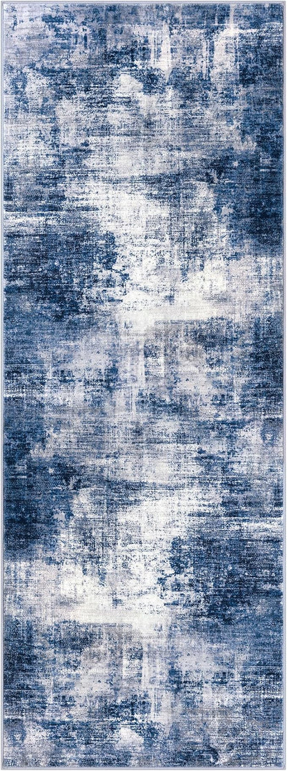 IOHOUZE Abstract Runner Rug 3x8 Ft Washable Runners for Hallways, Non Slip Kitchen Runner Printed Faux Wool Entryway Runner Indoor, Modern Abstract Floor Carpet for Hall Bedroom, Navy/Grey
