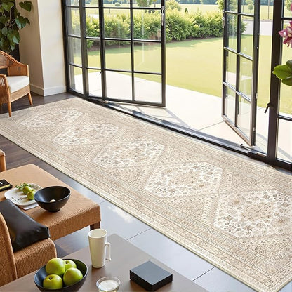 Hallway Runner Rug 2x12, Extra Long Washable Runner Rugs with Rubber Backing, Non Slip Runner, Vintage Rug Runners for Kitchen Laundry Room Entryway (Cream/Beige,2'x12')