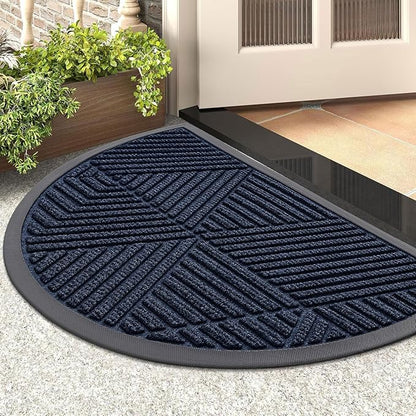 Smiry Half Circle Front Door Mat Outside Entrance, Heavy Duty Sturdy Natural Rubber Doormat, Trap Dirt and Moisture, Low Profile Mats for Indoor Outdoor Entry, Irregular Triangle (29.5x17, Navy Blue)