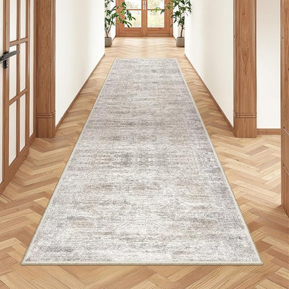 Rug Runners for Hallways Non Slip - 2x8 Runner Rug for Bedroom, Washable Runner with Rubber Backing, Soft Low-Pile Carpet for Kitchen, Laundry, Bathroom (2'x8', Brown/Grey/Ivory)