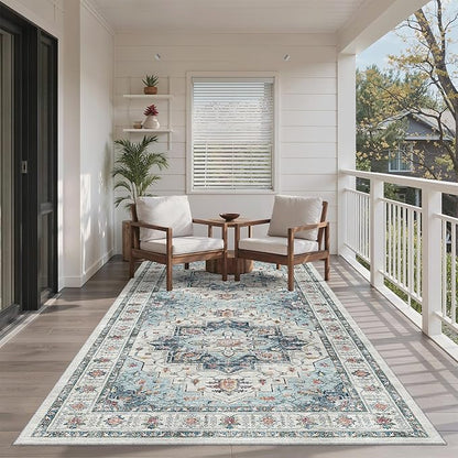 Madane Hallway Runner Rug 4x8 Wide: Washable Thin Runners for Hallways Entry, Non Slip Soft Vintage Kitchen Rugs Low Pile Carpet Runners for Living Room Bedroom Dining Room Foyer (Blue, 4x8)