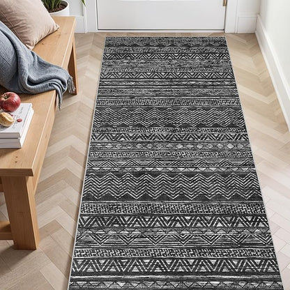 3x6 Washable Hallway Runner Rug - Moroccan Non-Slip Long Runners for Entryway Soft Modern Geometric Low-Pile Rugs for Kitchen Waterproof Neutral Carpet for Bedroom Bathroom Laundry 3x6 Black