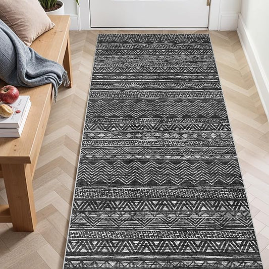 3x6 Washable Hallway Runner Rug - Moroccan Non-Slip Long Runners for Entryway Soft Modern Geometric Low-Pile Rugs for Kitchen Waterproof Neutral Carpet for Bedroom Bathroom Laundry 3x6 Black