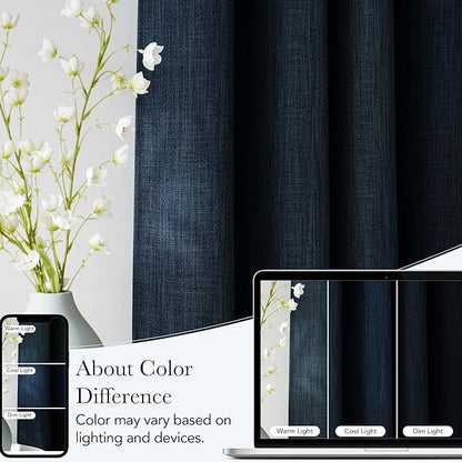 NICETOWN Faux Linen Navy Blue Blackout Curtains 84 inches Long for Living Room - Privacy Panels for Bedroom, Modern Farmhouse Style Easy Care Grommet Top, 2 Panels, W52 by L84