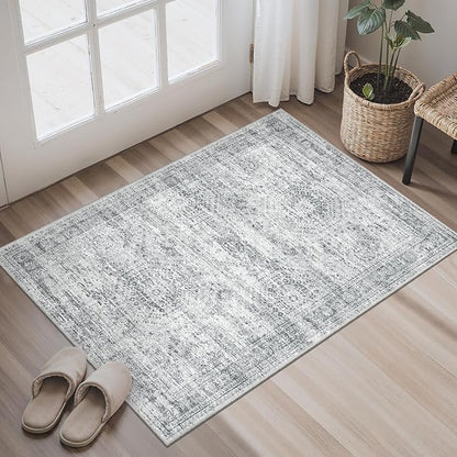 2x3 Washable Rugs for Kitchen, Floor, Entryway, Powder Room Small Area Rug Non-Slip Vintage Low Pile Throw Door Mat Grey
