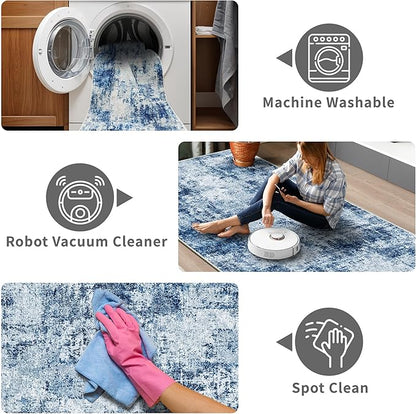 2x5 Washable Runner Rug for Hallway: Non Slip Entryway Runners Rugs Easy-to-Clean - Soft Living Room Bedroom Carpet - Thin Low Pile Floor Mat for Dining Room Blue