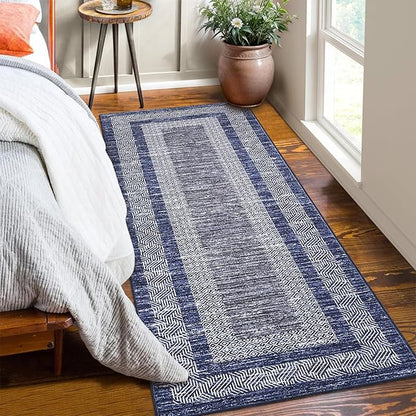 Washable 2.5x10 Kitchen Runner Navy Blue Rug, Easy Clean Geometri Rugs for Hallway Entryway, Indoor Outdoor Non Slip Rug Farmhouse Morden Carpet Door Mat Area Rug for Laundry Room Grey