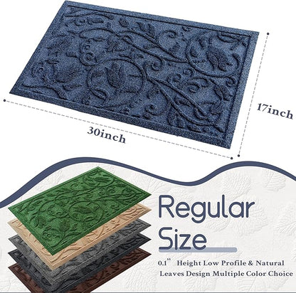 Boho Blue Floral Leaves Outdoor Indoor Entrance Doormats, Absorbent Durable Heavy Duty Welcome Front Door Mat,Thick Natural Rubber Back,Easy Clean Entryway Mat 23x35 Inch, Low Profile