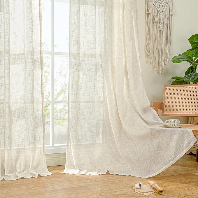 LAMIT Natural Linen Curtains for Living Room 2 Panels Set, 80 Inch Faux Linen Textured Light Filtering Drapes Bronze Grommet Boho Panels for Farmhouse/Bedroom/Porch, 52 x 80 Inch