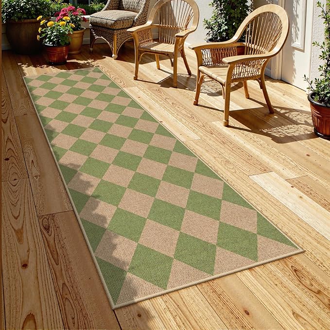 Lahome Colette Checkered Green Runner Rug, 2x8 Carpet Runners for Hallway 8ft Non Slip Entryway Rug, Farmhouse Checkerboard Non Shedding Kitchen Mats for Floor Laundry Corridor