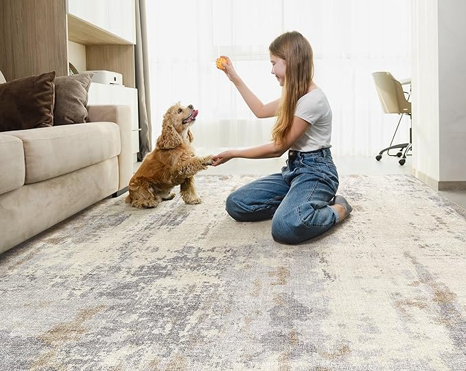 UERMEI Area Rug Living Room Rugs - Washable Neutral Modern Abstract Soft Thin Large Rug Indoor Floor No Slip Rug Carpet for Bedroom Under Dining Table Home Office Decor-Light Brown/Gray-7'x 9'