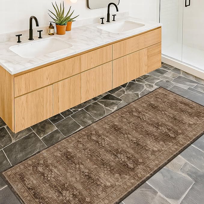 Brown 2x5 Entryway Runner Rugs, Small Runners for Kitchen, Door Mat Indoor Entrance, Bathroom, Non-Slip Low-Pile Washable Stain Resistant, Vintage Taupe Earthy Decor