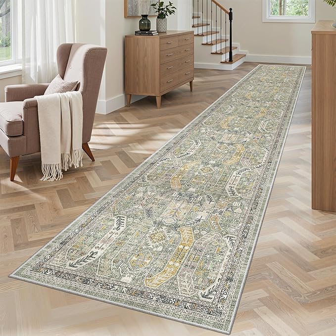 Madane Hallway Runner Rug 2x12, Extra Long Washable Runner Rugs with Rubber Backing, Non Slip Carpet Runner, Vintage Rug Runners for Kitchen Laundry Room Entryway (Green/Gold, 2'x12')