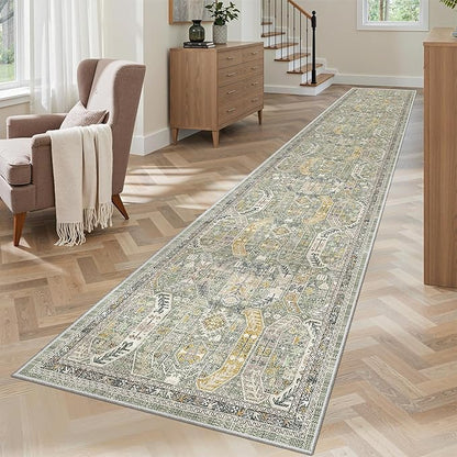 Madane Hallway Runner Rug 2x12, Extra Long Washable Runner Rugs with Rubber Backing, Non Slip Carpet Runner, Vintage Rug Runners for Kitchen Laundry Room Entryway (Green/Gold, 2'x12')