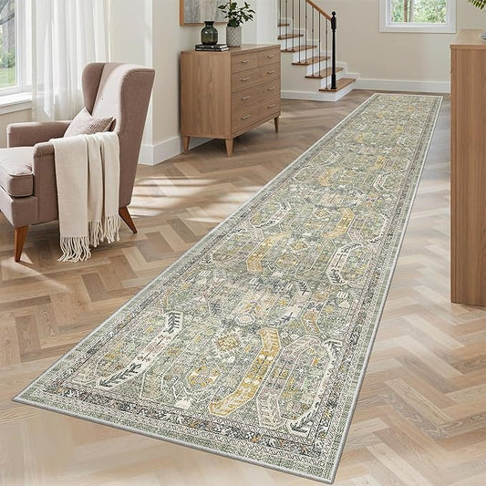 Madane Hallway Runner Rug 2x12, Extra Long Washable Runner Rugs with Rubber Backing, Non Slip Carpet Runner, Vintage Rug Runners for Kitchen Laundry Room Entryway (Green/Gold, 2'x12')