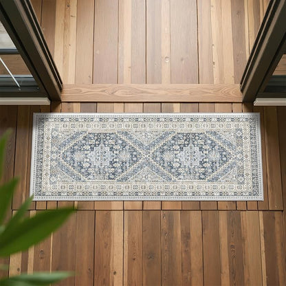 2x5 Rug Runner Washable for Entryway, Soft Bathroom Rugs with Non-Slip Backing,Vintage Low Pile Stair Runner, Small Kitchen Carpet for Hallways, Laundry Room(Blue/Beige,2'x5')
