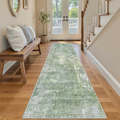 Soalmost Washable Runner Rug, 2'6" x 8' Non-Slip Kitchen Vintage Foldable 2.5x8ft Hallway Runners for Entryway, Laundry, Bedroom, Green/Ivory