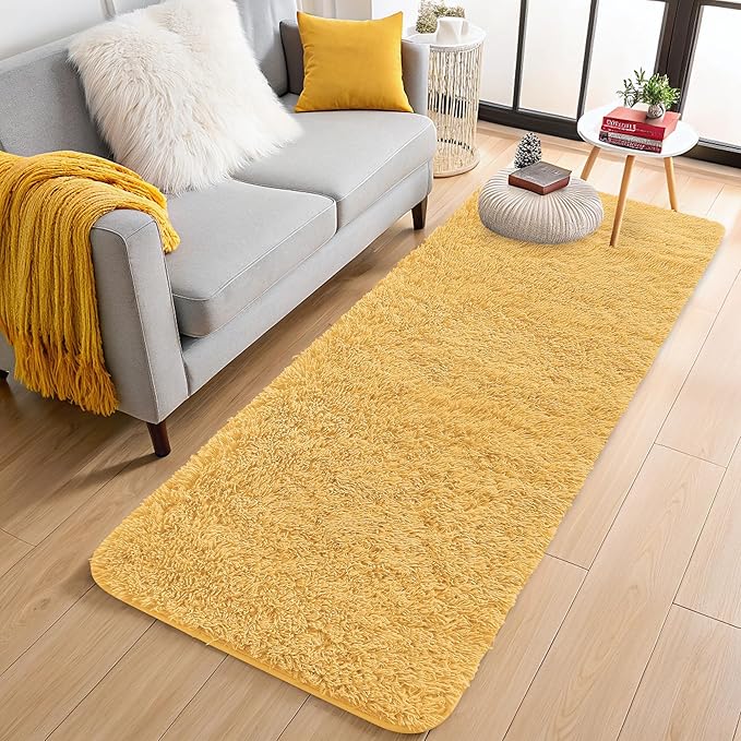 OLANLY 2x4 Machine Washable Runner Rugs for Hallway, Soft Fluffy Shaggy Bedside Rugs for Bedroom, Living Room, Indoor Floor Carpet for Kids Girls and Boys, Home Decor Aesthetic, Mustard Yellow