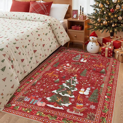UERMEI Christmas Area Rug Living Room Rugs: 4x6 Neutral Modern Washable Festive Soft Thin Non-Slip Indoor Carpet for Bedroom Dining Table and Home Office Holiday Decor - Red