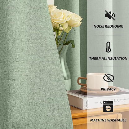 Yakamok Light Sage Green Linen Curtains 100% Blackout 90 Inches Long,Room Darkening Textured Curtains for Living Room Thermal Grommet Bedroom Curtains 2 Panels with White Liner