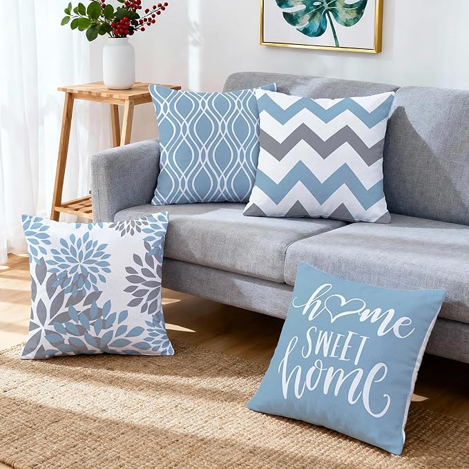 Hexagram Geometric Aqua Blue Pillow Covers 18x18 Set of 4, Decorative Outdoor Boho Modern Throw Pillow Covers, Home Sweet Home Farmhouse Cushion Case for Couch Sofa Bedroom Indoor Decor(No Insert)