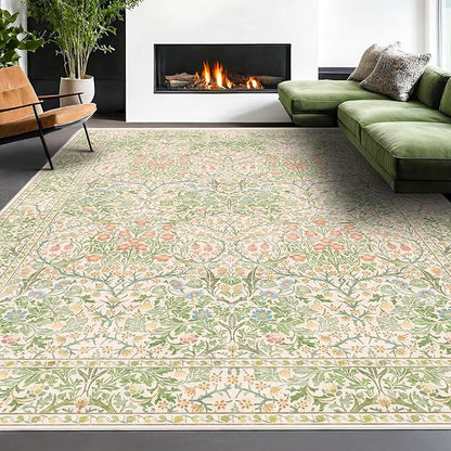 Washable Light Green Rug for Bedroom - 9x12 Large Area Rug for Dining Room Under Table, Living Room, Soft Low Pile Carpet for Playroom - Vintage Floral Non-Slip Stain Resistance (9x12 Beige Green)