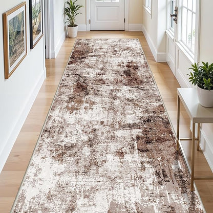 4x12 Runner Rug for Wide Hallway: Long Washable Runners for Entryway Living Room Dining Room - Stain and Water Resistant Rugs with Non-Slip Backing - Soft Low-Pile Carpet Brown Khaki White