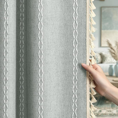 Teal Boho Blackout Curtains 72 Inches Long Light Green Linen Blend 2 Panels with Tassels and Cotton Embroidery, Farmhouse Vintage Rustic Rod Pocket Drapes for Living Room or Bedroom
