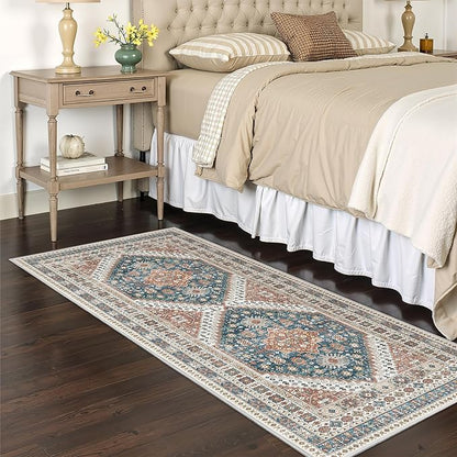 2x5 Rug Runner Washable for Entryway, Soft Bathroom Rugs with Non-Slip Backing,Vintage Low Pile Stair Runner, Small Kitchen Carpet for Hallways, Laundry Room(Blue/Red,2'x5')