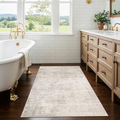 Washable 3x4 Kitchen Area Rugs: Abstract Stain-Resistant Sink Rug Non-Slip Durable Doormat Ultra Soft Bedroom Nursery Besides Carpets Indoor Water Resistant Bathroom Floor Mat(3x4,Beige/Cream)