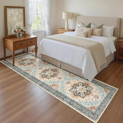 Madane Runner Rug 2x8, Washable Hallway Runner Rugs, Non-Slip Low-Pile Soft Kitchen Rug Runner Laundry Room Rug, Vintage Throw Entry Foyer Mat for Entrance Living Room (Orange/Blue, 2 x 8)