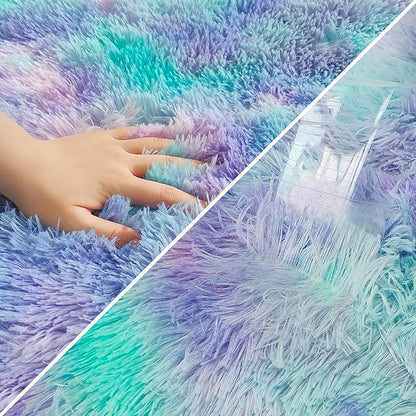 Super Soft Fluffy Living Room Area Rug 3x10 ft Purple Rainbow Tie-Dyed Shaggy Furry Carpet Washable Non-Slip Carpets Bedroom Bedside Nursery Rug Cute Colorful Room Decor for Girls