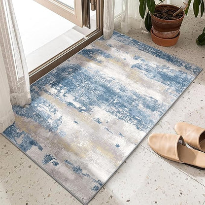 BEIMO 2x3 Rugs for Entryway Entrance Kitchen Bathroom, Machine Washable Modern Abstract Soft Area Rug, Indoor Floor Carpet with Non Slip Rubber Backing, Blue Cream