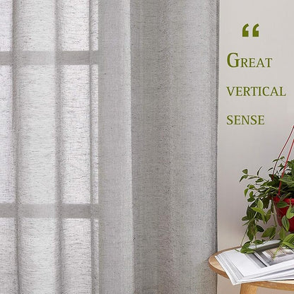 NICETOWN Faux Flax Linen Sheer Curtains 96 inch Long, Grommet Rustic Flax Semi Sheer Window Drapes with Light Filtering for Farmhouse/Patio Door, Charcoal, W70 x L96, Set of 2