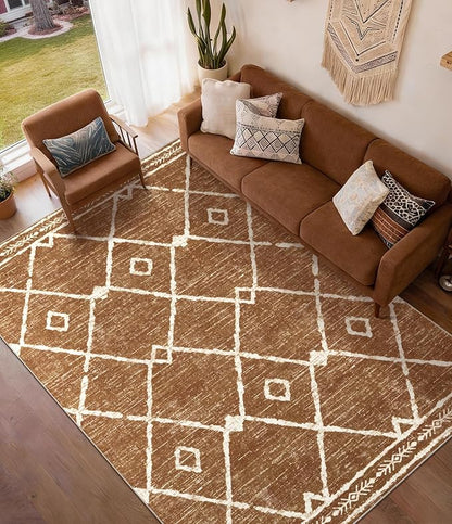 YIHOUSE Western Rugs for Living Room, 6x9 Moroccan Area Rug, Aztec Burnt Orange Large Rug, Southwestern Soft Low-Pile Washable Rugs for Bedroom, Dining Room