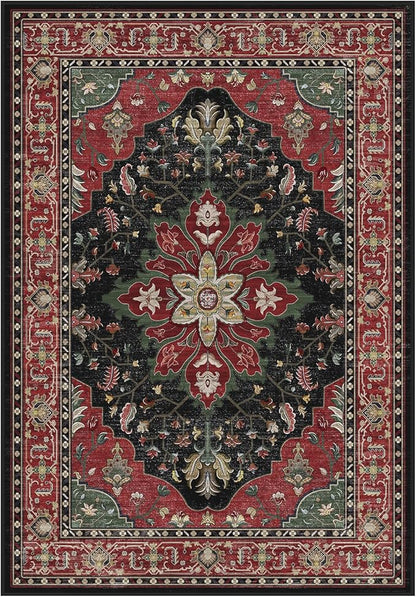 Area Rugs Round 8ft Washable Non-Slip, Floral Vintage Distress Print Pattern Medallion Carpet for Living Room Bedroom Dining Room, Red Black
