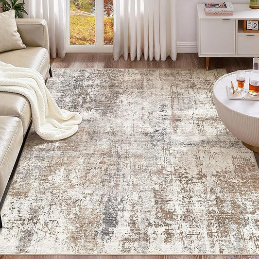 UERMEI 5x8 Area Rug Living Room Rugs - Washable Neutral Modern Abstract Soft Thin Rug Indoor Floor No Slip Rug Carpet for Bedroom Under Dining Table Home Office Decor - Brown/Grey/Red