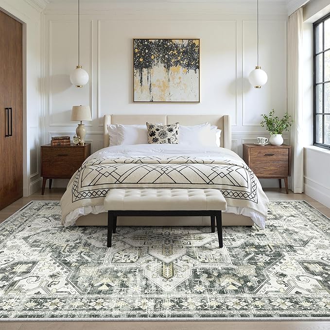 zesthome 5x7 Washable Rug-Stain Resistant Area Rugs for Living Room, Ultra-Thin Vintage Rugs, Non-Slip Backing Rug, Low Pile Large Area Rug, Boho Home Decor