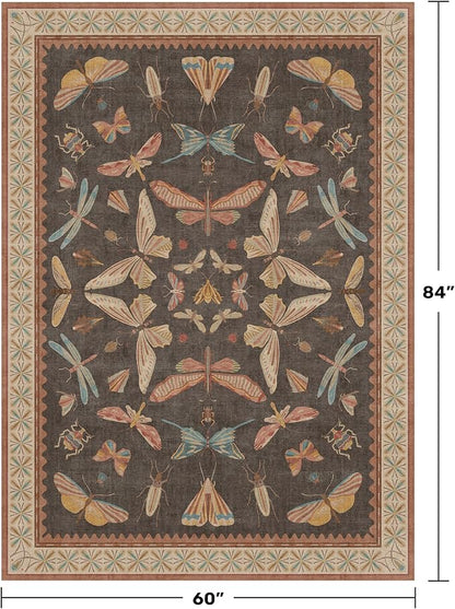 Washable Living Room Area Rug 5x7, Ultra Soft Carpet for Bedroom, Dining Room, Vintage Farmhouse Home Décor, Low Pile Non Slip Stain Resistant Rug (Brown & Orange)
