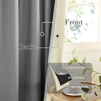RYB HOME Grey Linen Blackout Curtains for Sliding Glass Door, 100% Blackout Linen Textured Thermal Privacy Modern Drape Panels for Dining Room Large Window, 52" W x 90" L, 2 Panels Set